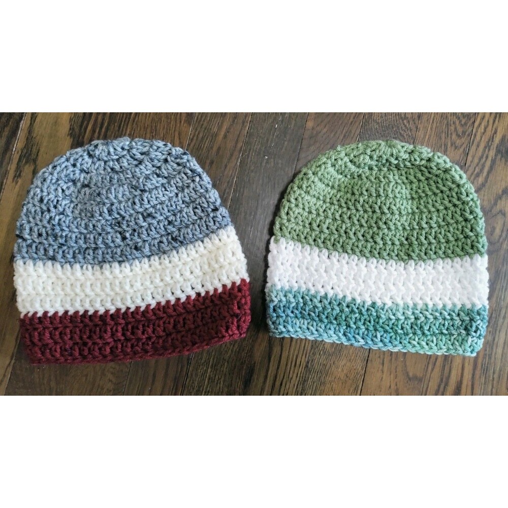 Handmade Crochet Knit Beanies Women's Multicolor Striped Pattern Set of 2 OS